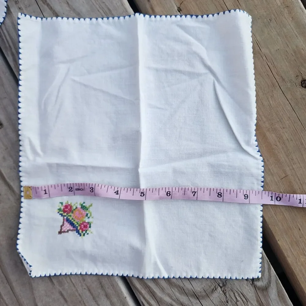2 Vintage Cotton Handkerchief Hankie Embroidered Cross Stitch w/Flower Bouquet